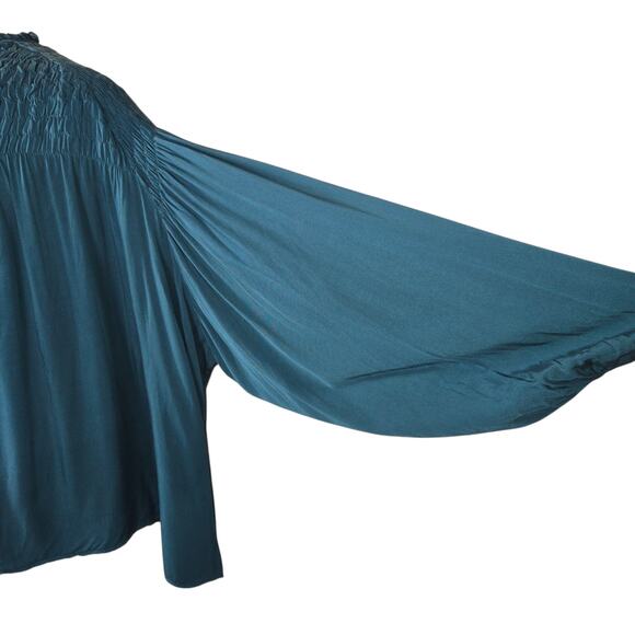 Catherine Malandrino Womens Teal Blue Smocked Peasant Blouse XL Poet‎ Sleeve Top - Picture 4 of 13